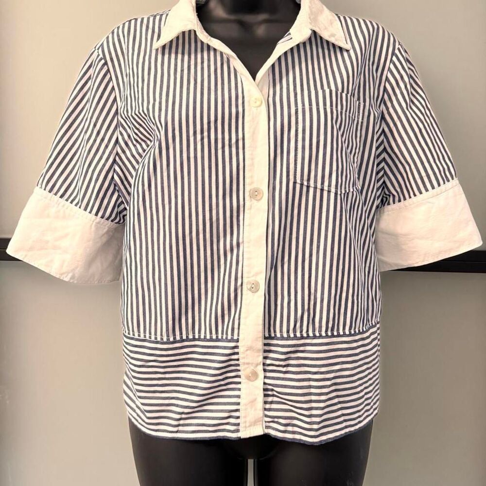 Women’s Rafaella Navy & White Striped Button-Up Shirt – Size L/G